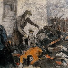 <b>5. Nevio Bedeschi</b>
(Faenza 1935)<br><i>
La maestra Benni occulta due bimbi sotto una coperta al ritorno dei nazisti</i>,
1960<br>Olio su tela, 50x65 cm
